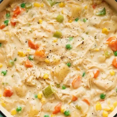 Delicious Chicken Pot Pie Soup in a bowl with vegetables and herbs