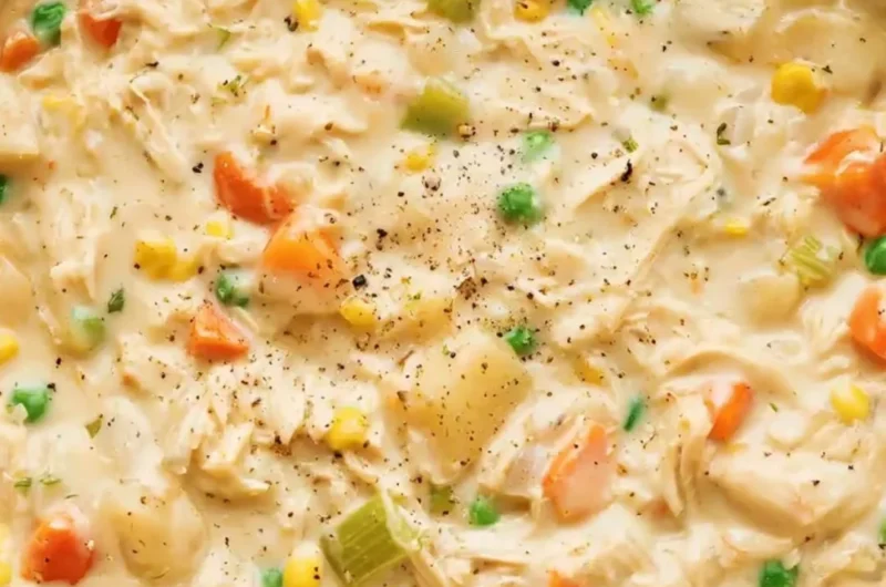 Delicious Chicken Pot Pie Soup in a bowl with vegetables and herbs