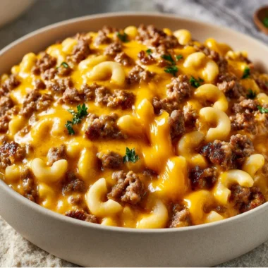 Bowl of Cozy Cheesy Hamburger Helper with melted cheese and pasta.