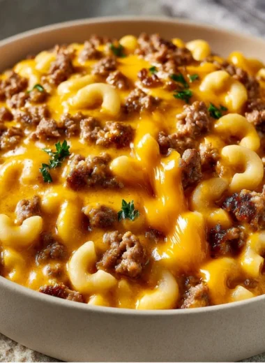 Bowl of Cozy Cheesy Hamburger Helper with melted cheese and pasta.