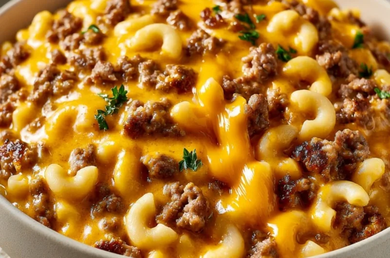 Bowl of Cozy Cheesy Hamburger Helper with melted cheese and pasta.