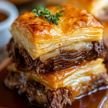 Delicious plate of cozy French Dip Squares served with au jus.
