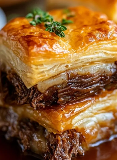 Delicious plate of cozy French Dip Squares served with au jus.