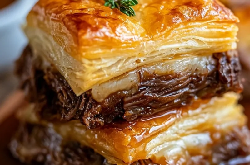Delicious plate of cozy French Dip Squares served with au jus.
