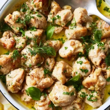 Delicious garlic-butter chicken bites served on a rustic wooden board.