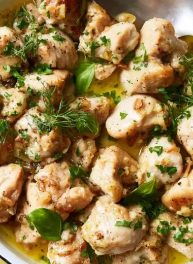 Delicious garlic-butter chicken bites served on a rustic wooden board.