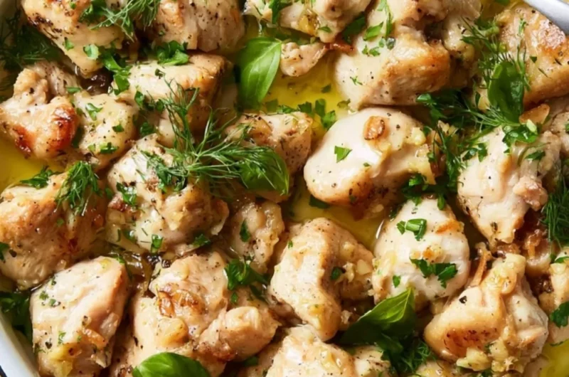 Delicious garlic-butter chicken bites served on a rustic wooden board.
