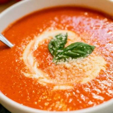 Bowl of cozy homemade roasted tomato soup garnished with fresh basil.