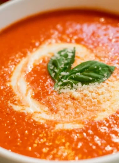 Bowl of cozy homemade roasted tomato soup garnished with fresh basil.