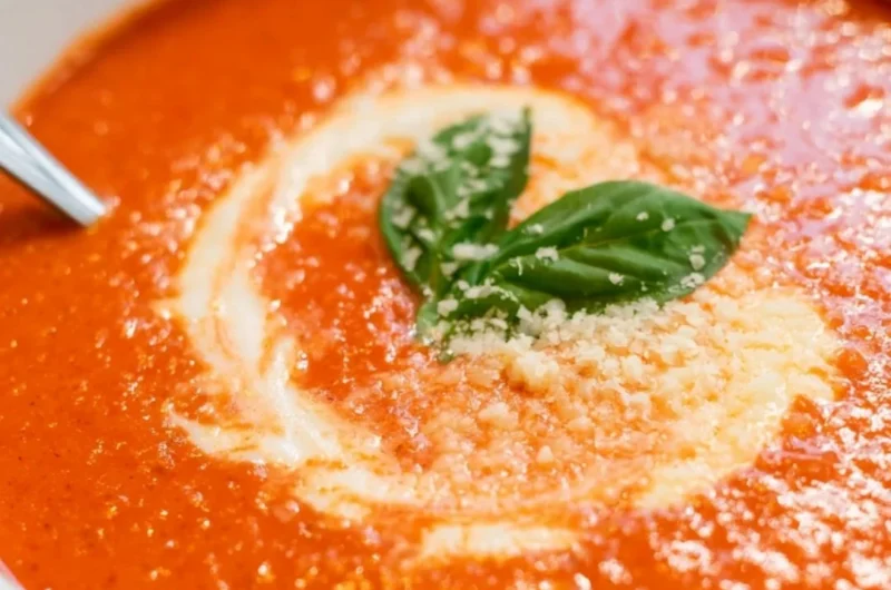 Bowl of cozy homemade roasted tomato soup garnished with fresh basil.