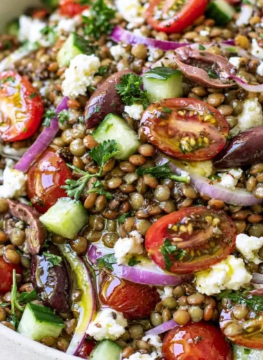 Cozy lentil salad with fresh vegetables and herbs in a bowl