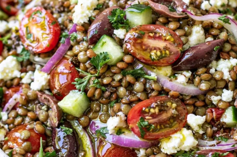 Cozy lentil salad with fresh vegetables and herbs in a bowl