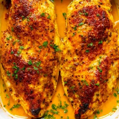 Cozy oven baked chicken breast served with vegetables on a plate