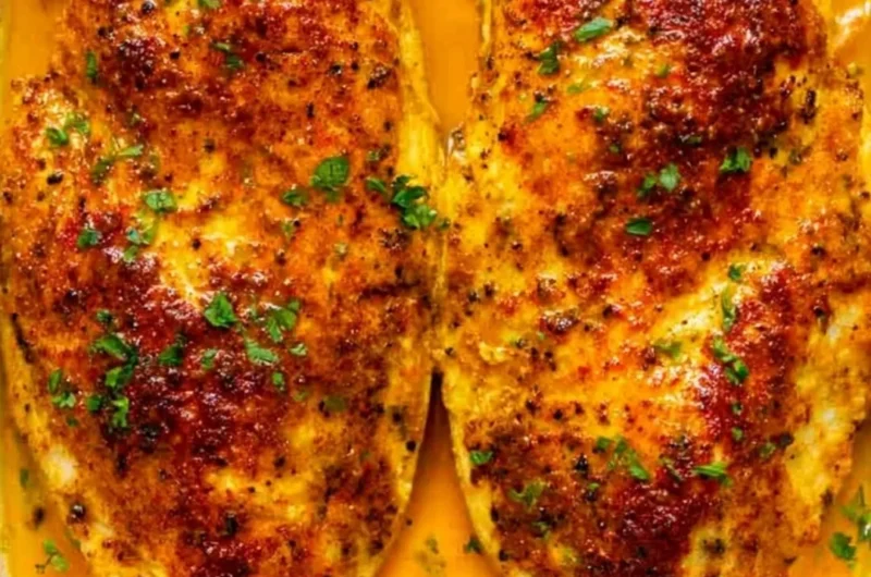 Cozy oven baked chicken breast served with vegetables on a plate