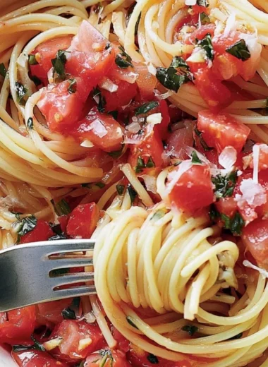 Cozy pasta dish with fresh tomato sauce served on a plate