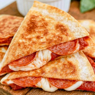 Delicious pizza quesadillas served on a cozy dinner table