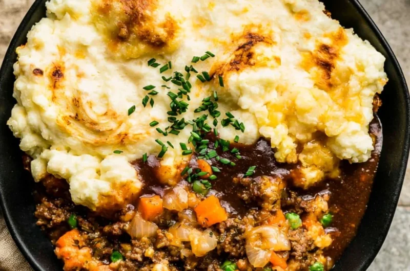 Homemade Shepherd's Pie topped with creamy mashed potatoes and comforting ingredients.