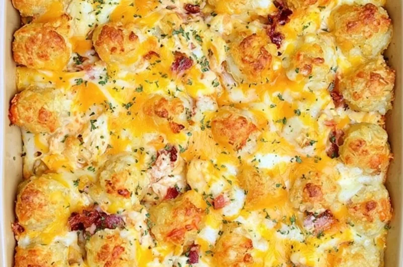 Cracked Out Chicken Tater Tot Casserole topped with cheese and crispy tater tots