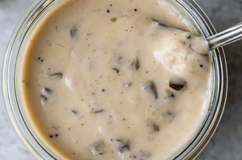 Bowl of creamy mushroom soup garnished with herbs