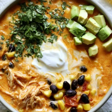 Bowl of creamy chicken enchilada soup topped with cilantro and cheese
