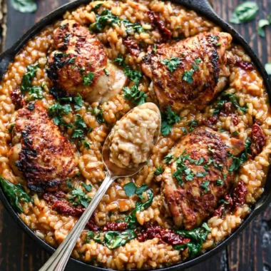 Creamy sun-dried tomato and spinach risotto with chicken thighs in a bowl