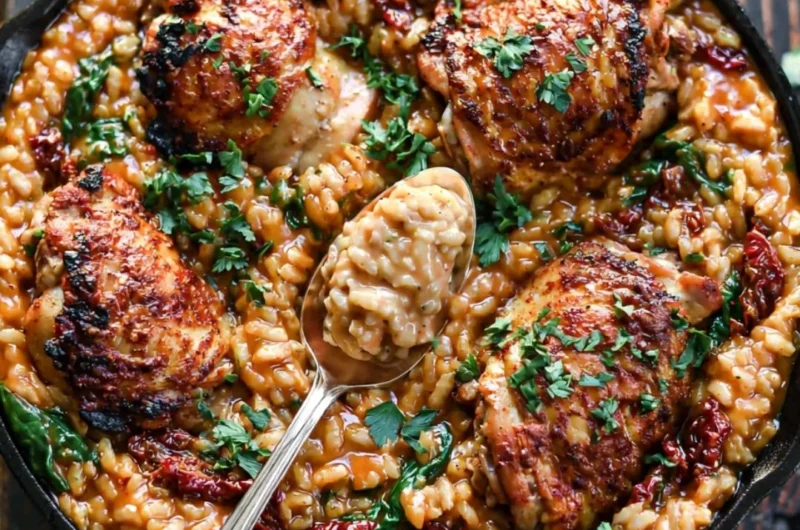 Creamy sun-dried tomato and spinach risotto with chicken thighs in a bowl