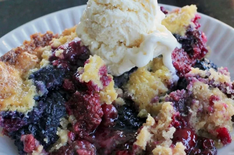 Easy blackberry dump cake topped with fresh berries and whipped cream