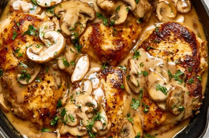 Delicious easy Chicken Marsala with mushrooms and wine sauce served on a plate.