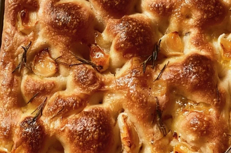 Freshly baked easy sourdough focaccia topped with herbs and olive oil