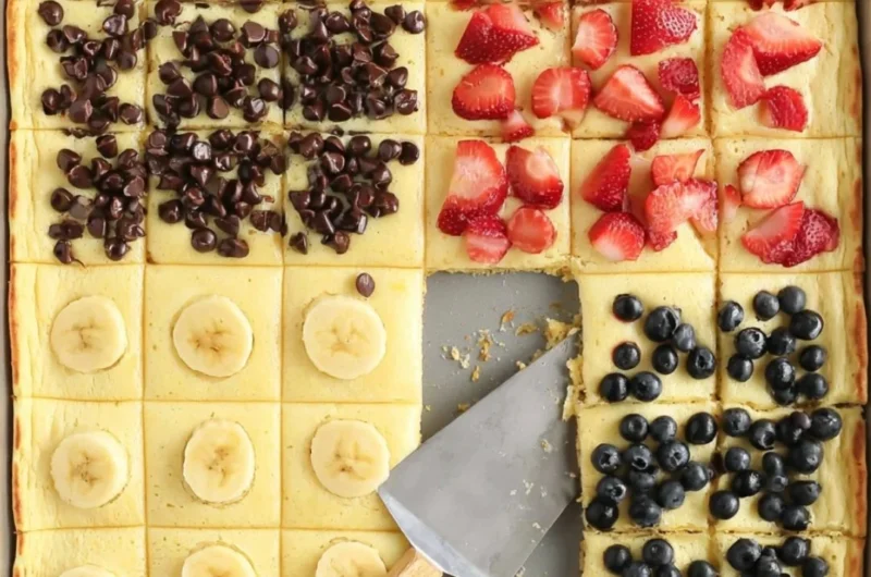 Fluffy sheet pan pancakes baked in a large pan for easy serving.
