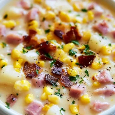 Delicious ham and potato corn chowder served in a bowl