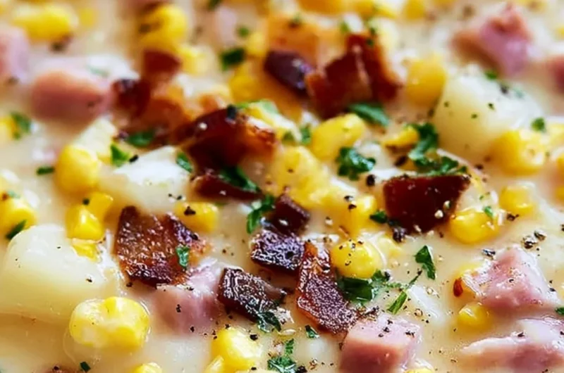 Delicious ham and potato corn chowder served in a bowl