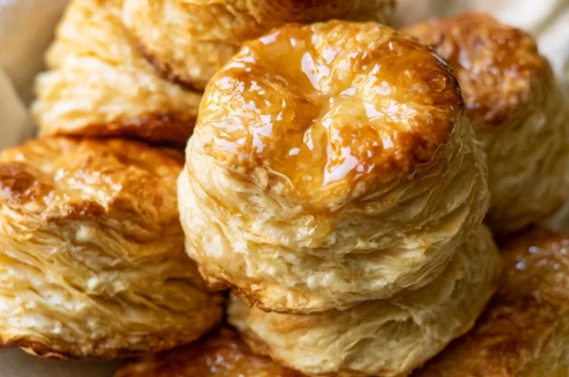Freshly baked homemade buttermilk biscuits on a wooden table