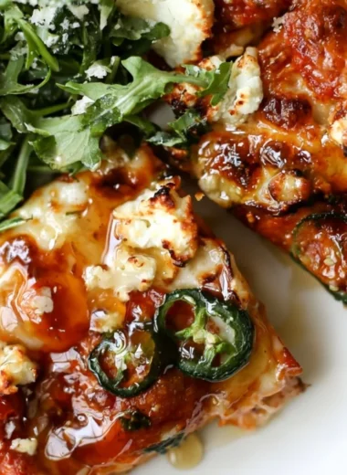 Hot honey and goat cheese pepperoni pizza with fresh ingredients and flavor