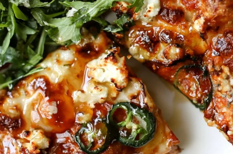 Hot honey and goat cheese pepperoni pizza with fresh ingredients and flavor