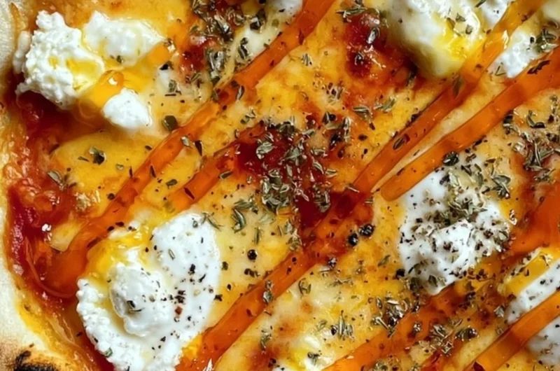 Hot honey ricotta pizza with fresh ingredients and drizzled honey