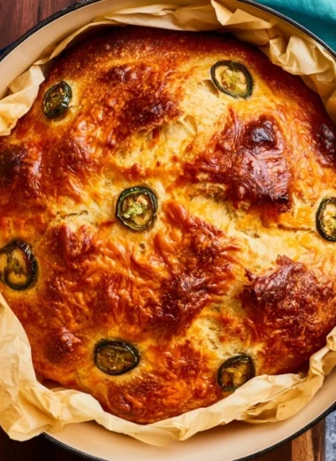 Loaf of jalapeno cheddar Dutch oven bread with a golden crust.