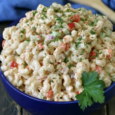 Delicious macaroni salad served in a bowl, perfect for summer picnics.