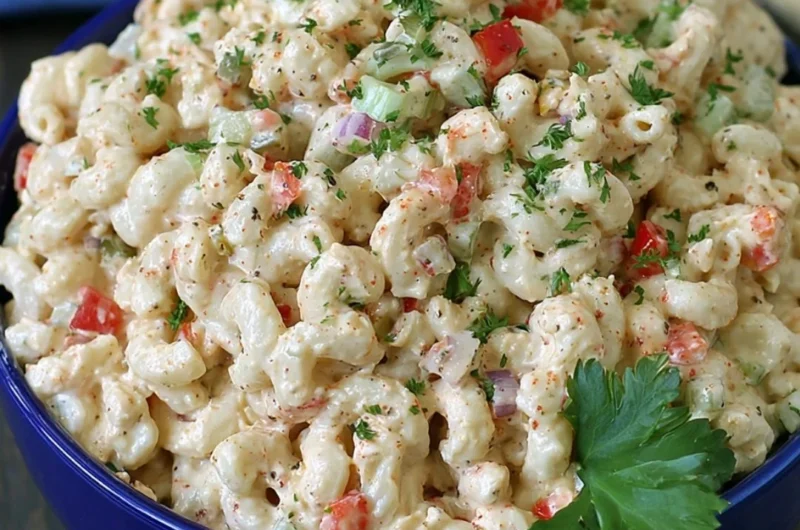 Delicious macaroni salad served in a bowl, perfect for summer picnics.