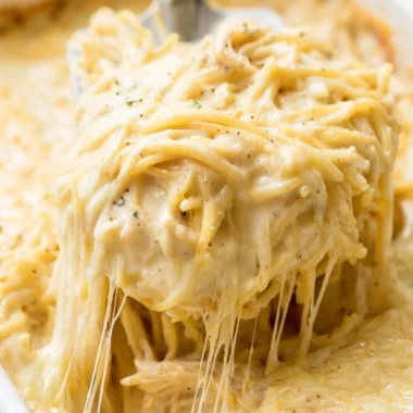 A bowl of creamy Ranch Chicken Spaghetti topped with herbs and cheese.
