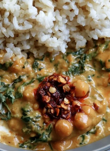 Bowl of Steph's Chickpea Curry with Spinach and Rice, garnished with fresh herbs.