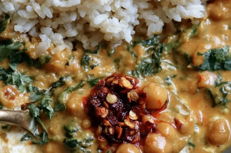 Bowl of Steph's Chickpea Curry with Spinach and Rice, garnished with fresh herbs.