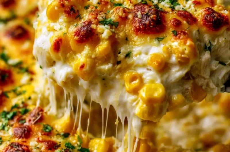 Delicious Street Corn Chicken Casserole topped with fresh herbs and spices.