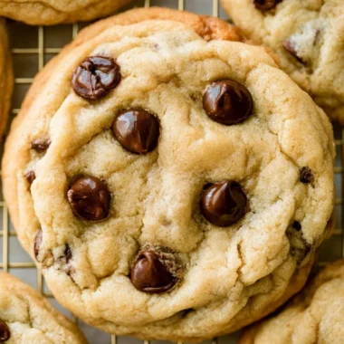 Plate of freshly baked chocolate chip cookies with gooey chocolate chunks