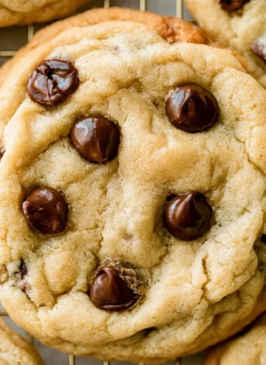 Plate of freshly baked chocolate chip cookies with gooey chocolate chunks