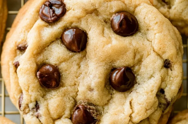 Plate of freshly baked chocolate chip cookies with gooey chocolate chunks