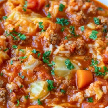 A steaming bowl of unstuffed cabbage roll soup garnished with herbs