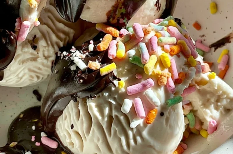 Bowl of creamy cottage cheese ice cream topped with fresh fruit