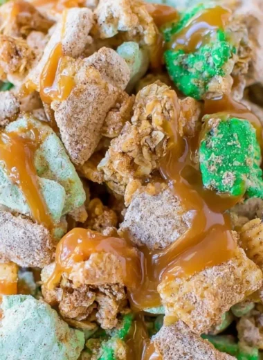 Cozy Apple Cinnamon Puppy Chow recipe with crunchy cereal and cinnamon sugar.