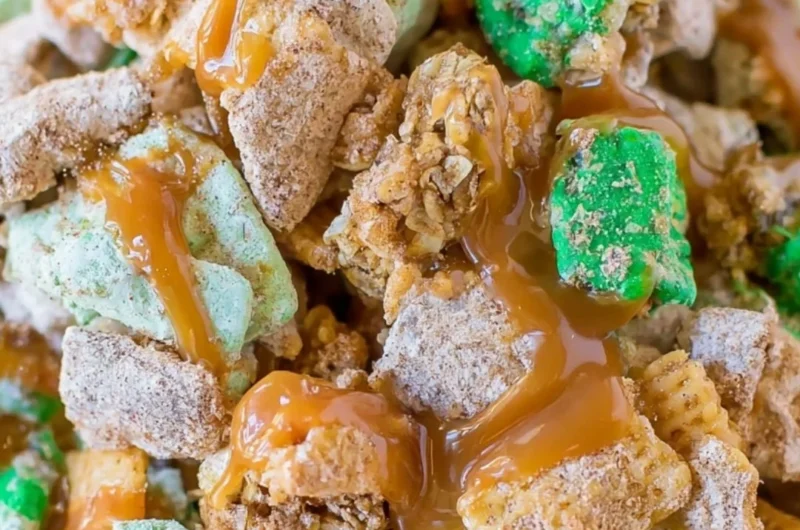 Cozy Apple Cinnamon Puppy Chow recipe with crunchy cereal and cinnamon sugar.